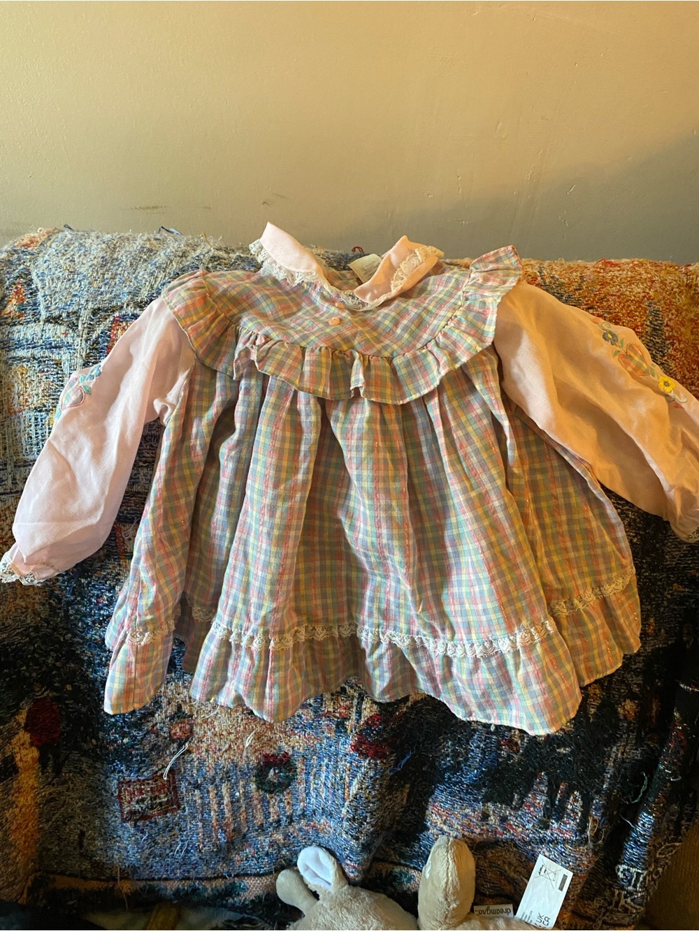 Girls Pastel Plaid Ruffle Dress Top - Pink & Multicolor